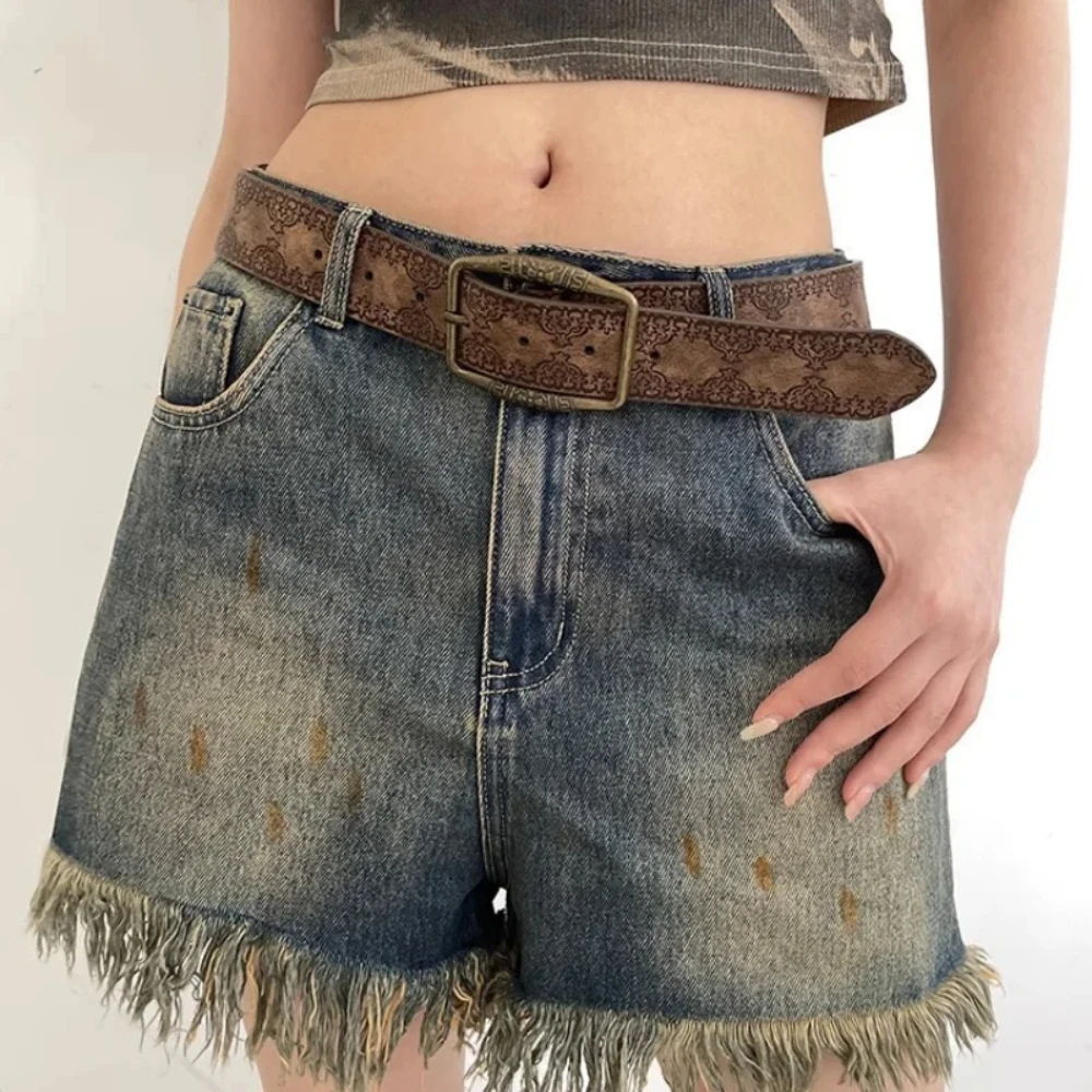 Y2K Belt WOMEN'S New National Wind Belt with Jeans Belt Senior Sense of Brown Floral Embossed Adjustable Belt