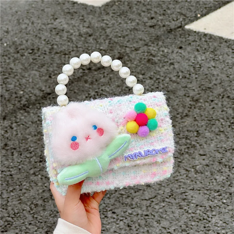 Sweet Design Pearl Handle Children's Shoulder Bag Cute Cartoon Doll Flower Children Messenger Bags Fashion Square Kid Purse Tote