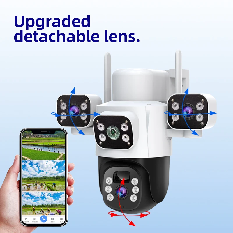 Guudgo 6MP 3 lentes Ultra HD câmera de segurança sem fio movida a energia solar 360 °   Pan Tilt Full Color Night Vision Motion Tracking em dois sentidos