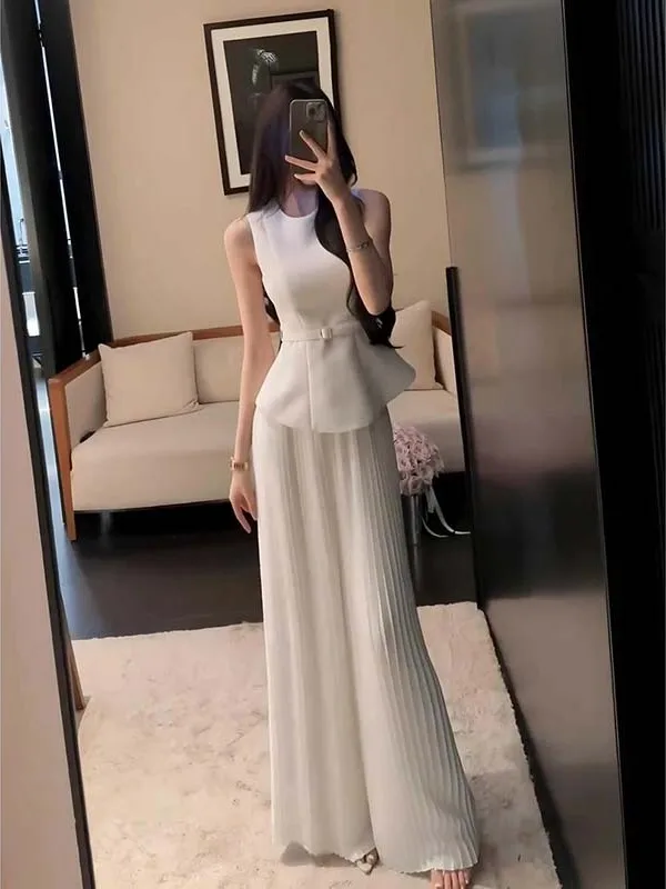 

Летний комплект 2025: брюки с высокой талией и широкими штанинами, плиссированная юбка, универсальный набор, эксклюзивно онлайн, полиэстер