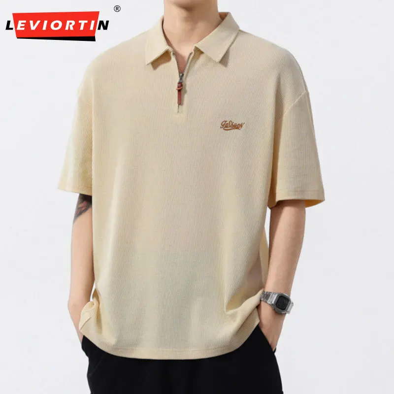 

Мужская летняя модная тенденция в американском стиле ретро, брендовая текстура, рубашка-поло с короткими рукавами и вафельной сеткой, свободный повседневный универсальный топ 601