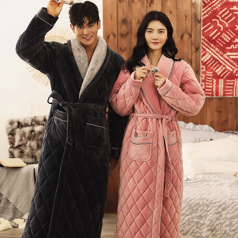 

High Quality Couple Robe Winter 3 Layer Clip Cotton Bathrobe Thick Turn-down Collar Robes 3XL