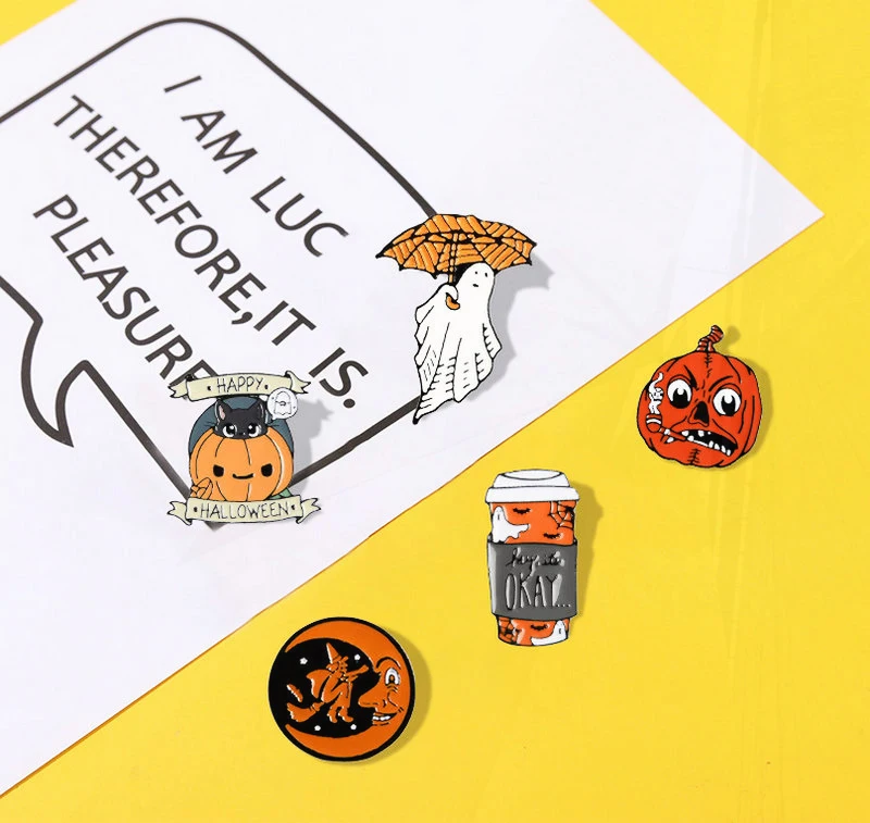 Pumpkin Umbrella Pines Backpack Clothes Lapel Pins Fun Badge Jewelry Gift Happy Halloween Enamel  Pins Custom Coffee Moon Ghost