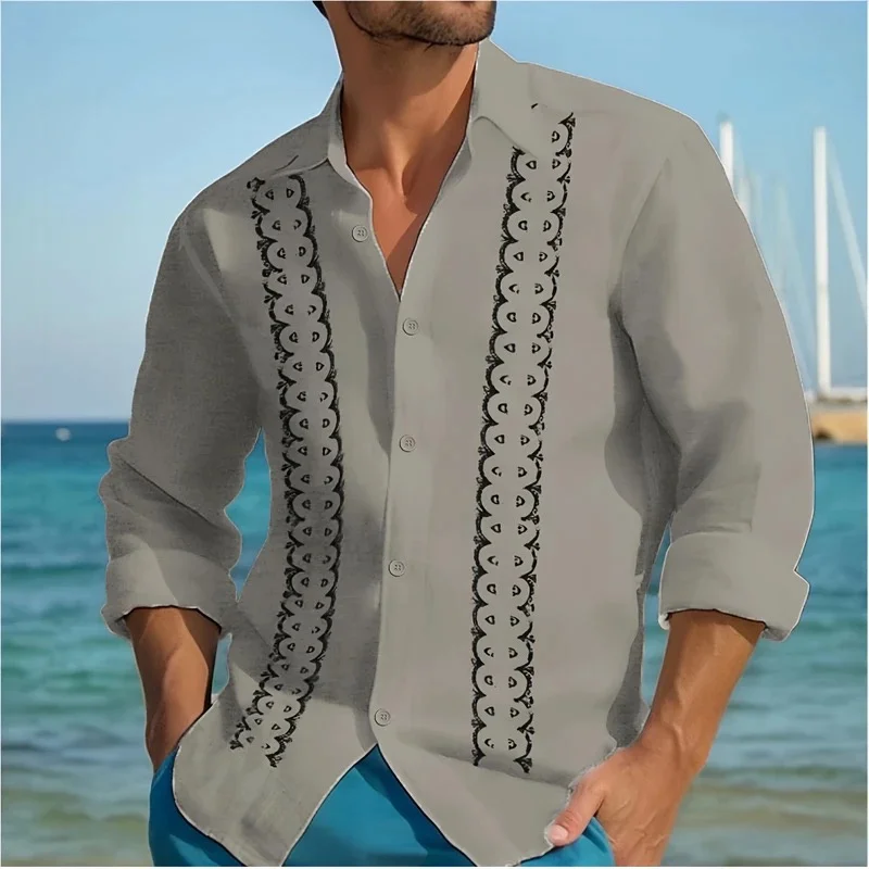 Camisa de moda para hombre con rayas dobles y estampado geométrico, camisa informal de manga larga de lino con botones para hombre, primavera para