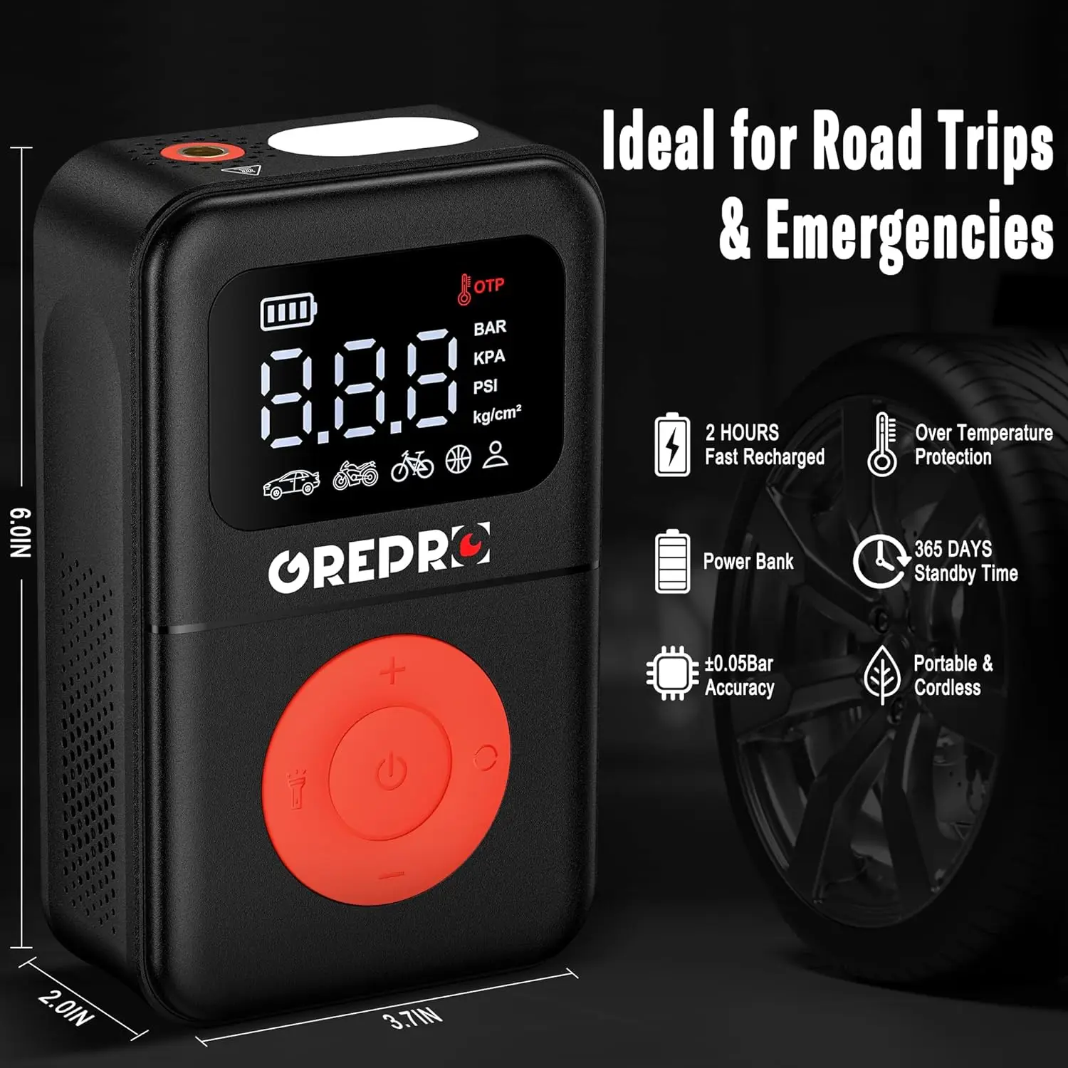 Portable Tire Inflator 160 PSI Air Compressor with Digital Gauge, LED Light & Adapters for Car, Motorcycle, Bike