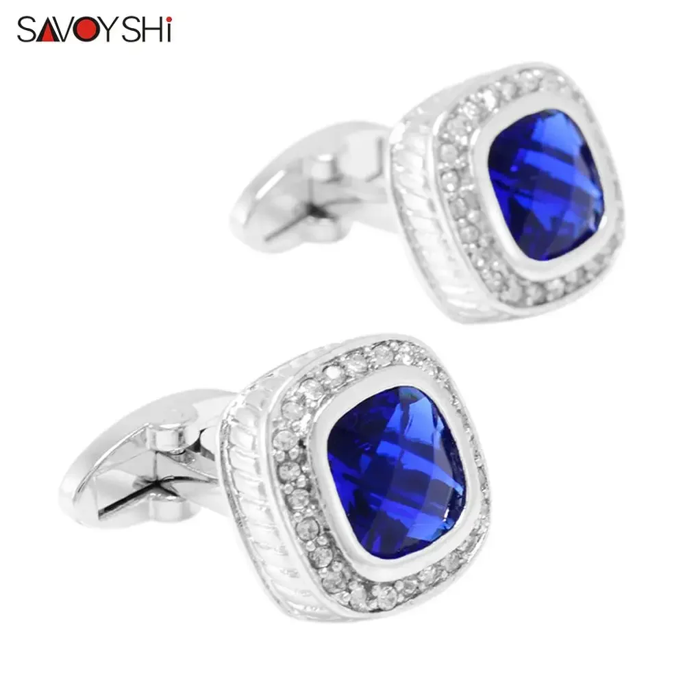 SAVOYSHI Luxury Square Crystals Cufflinks for Mens French Shirt High Quality Blue Cuff links Wedding Grooms Gift Man Jewelry