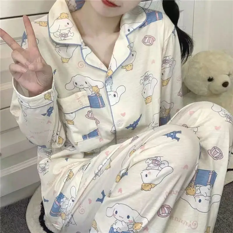 Kuromi-Conjunto de pijama de dibujos animados de Anime Sanrio, ropa de casa Kawaii, Cinnamoroll, Pochacco, corazón femenino, manga larga, estampado acogedor, regalo para estudiantes