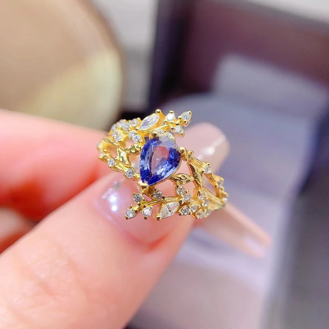 

Pure 925 Silver Tanzanite Ring for Engagement 5mm*7mm 0.6ct Natural Tanzanite Silver Ring with Thick Gold Plated