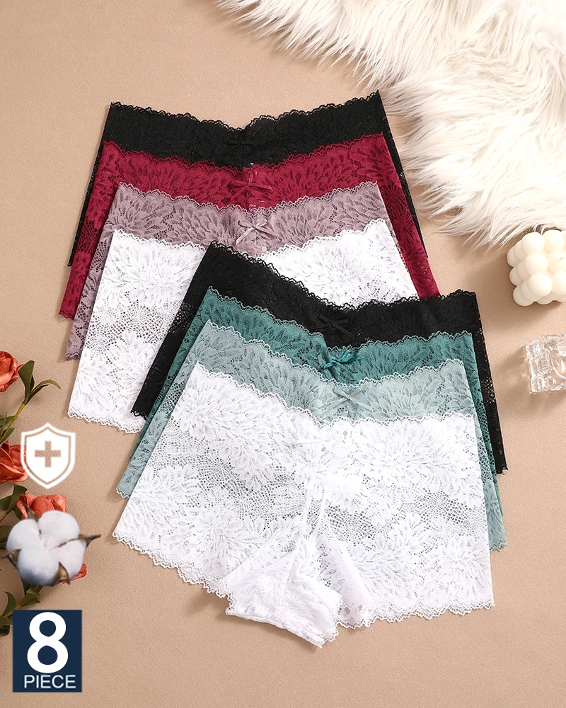 FINETOO 8PCS Sexy Frauen Floral Spitze Höschen Hohe Taille Slips Dessous Brasilianische Unterhose Für Weibliche Unterwäsche Dessous S-XL