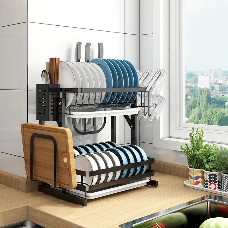 

Kitchen Table Foldable Stainless Steel Double-Layer Draining Dish Rack Punch-Free Wall-Mounted Multi-Functional Storage Rack