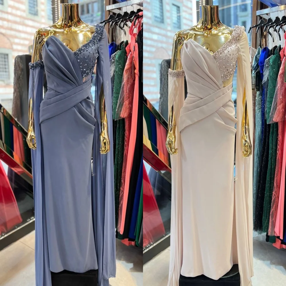 

Customized Simple Jersey Sequined Pleat Straight One-shoulder Midi Dresses Bespoke Occasion High Quality