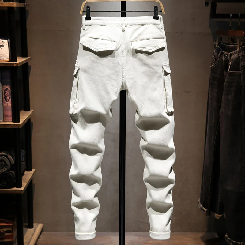 Street Designer Fashion Men Jeans Beige White Stretch Slim Fit Multi Pockets Denim Cargo Pants Homme Spliced Hip Hop Biker Jeans