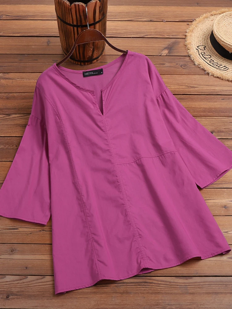

ZANZEA Women Summer Cotton Blouse 2025 Fashion Casual Solid Vintage Half Sleeve Blusas Female Loose O Neck Oversized Top Tunic