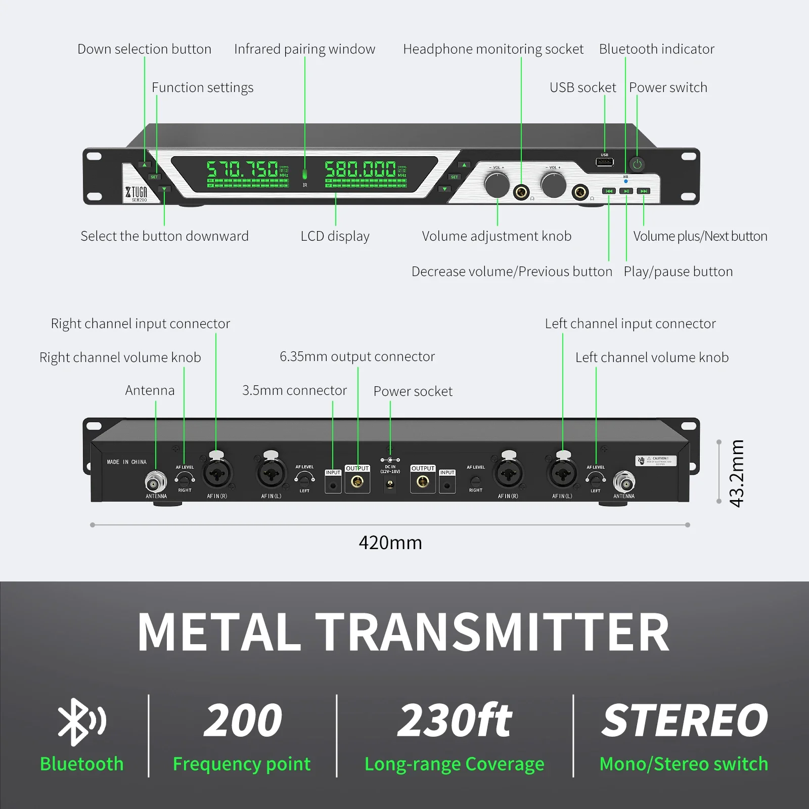 XTUGA SEM200 2 Bodypack 1-zender Professioneel stereo draadloos in-ear systeem in het oor met Bluetooth-functie