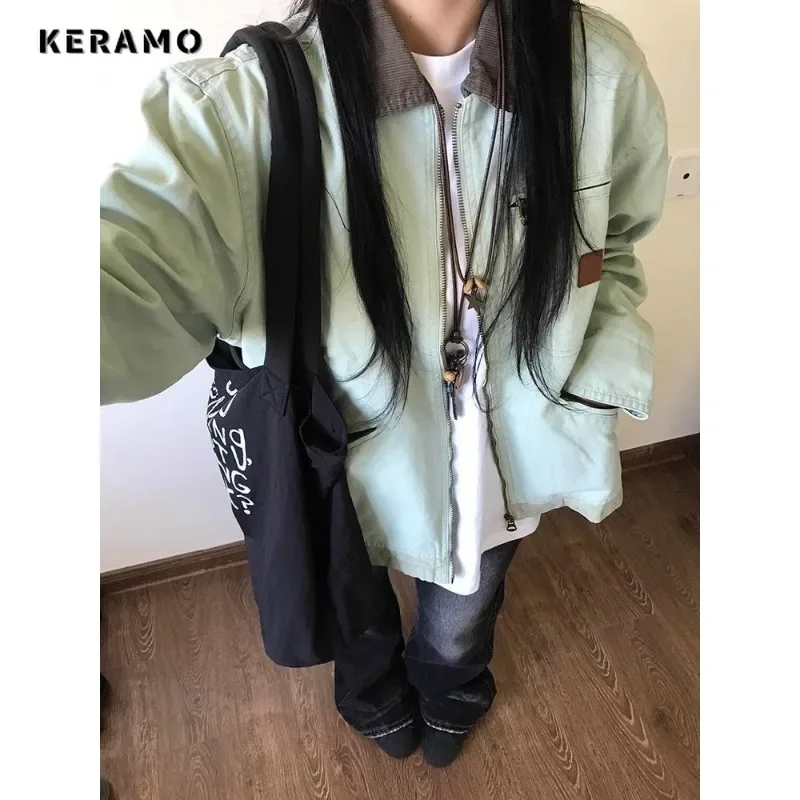 High Street Style Zipper Turn Down Collar Jacket 2024 Autumn Winter Women's Patcwhork Outerwear Fashion Pockets Green Coat