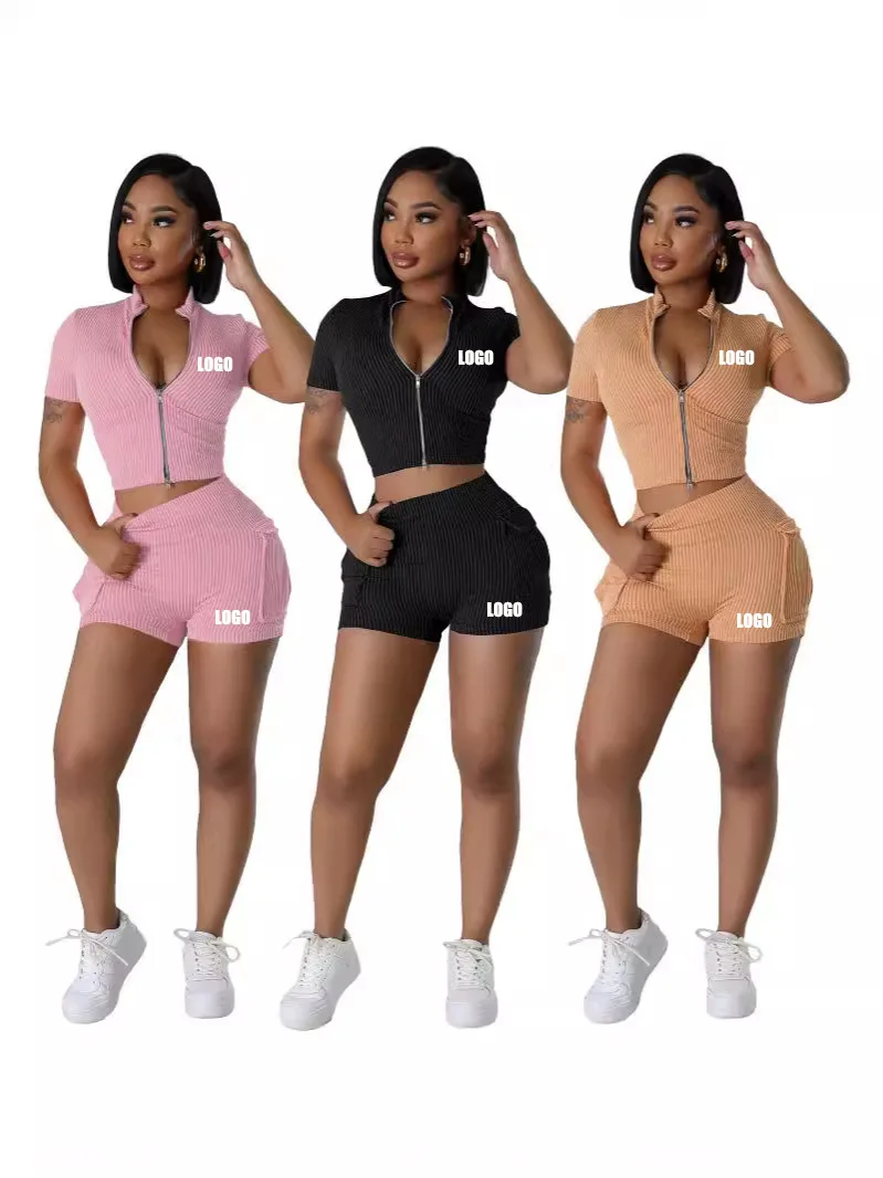 

Customized LOGO Summer Women's Pocket Sexy Fashion Two-way Zipper Casual Shorts Set