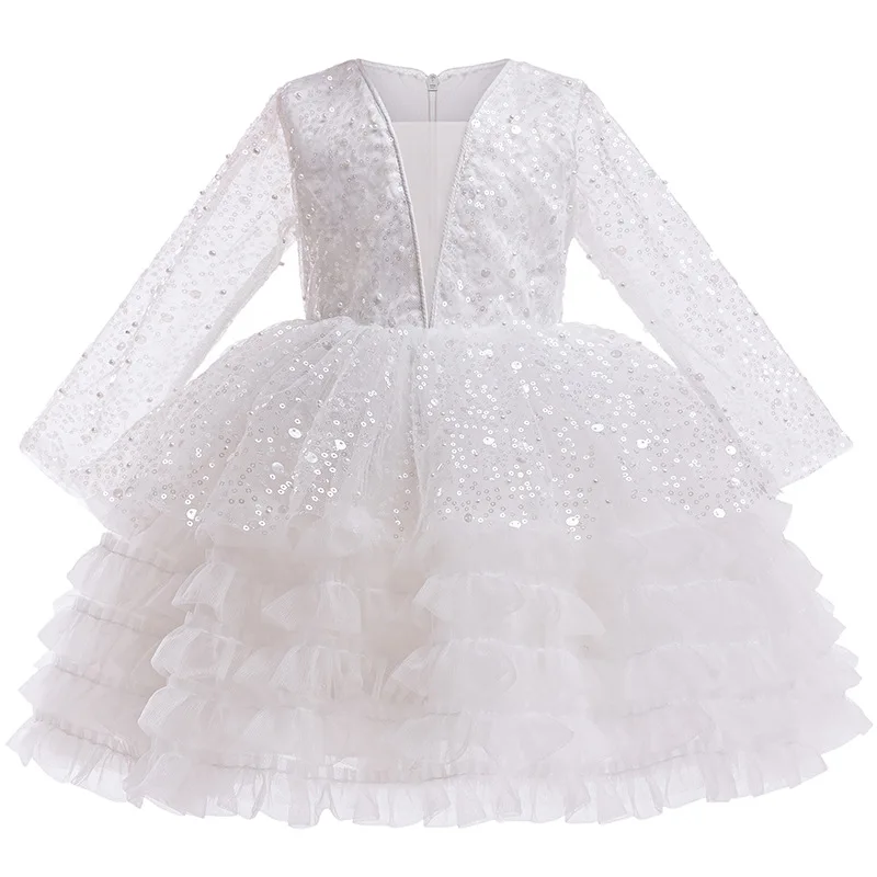 White Costume for Girls Puffy Dress Long Sleeve Sequin Evening Dress Girl Princess Dress Gown Flower Girl Wedding Dress Birthday