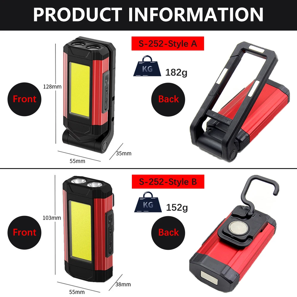 USB Rechargeable COB Work Light Super Bright LED Flashlight Portable Camping Lamp with Tail Magnet Waterproof Adjustable Lantern