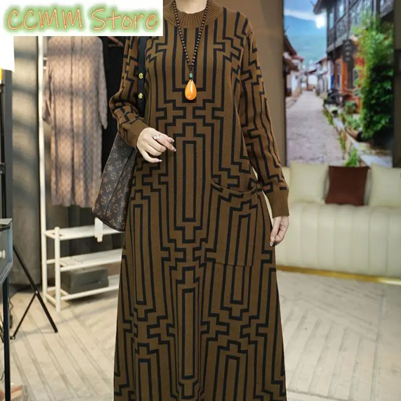 

Commute Geometric Printed Dresses Autumn Winter Thick Half High Collar Casual Loose Female Clothing A-Line Knitted Long Dress