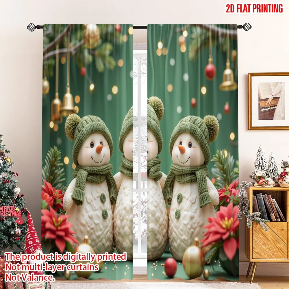 

2pcs 2D flat printing Christmas Scene Curtain Cute Snowmen Christmas Poinsettia Festive Polyester Without Electricity Family