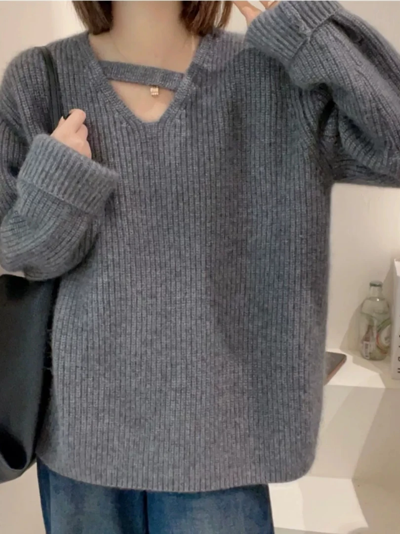 

ay V-Ne Knitted Sweater Women's Autumn Winter Hollow out Design Sense Lazy Sle Top High Quali Loose Fit Long Sve