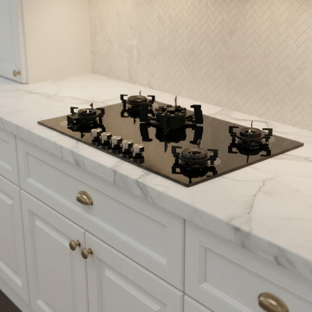 5 Burner Flip Top Gas Stove High Temperature Resistant Tempered Glass Panel Built-In Hotel Use Class Battery Operated