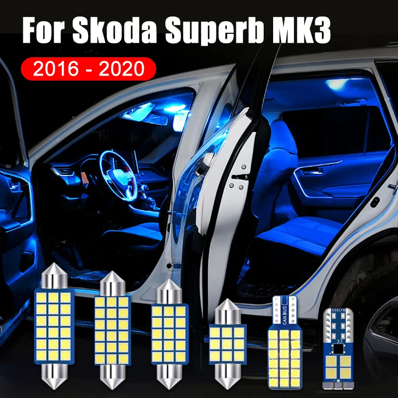 

For Skoda Superb 3 MK3 B8 2016 2017 2018 2019 2020 3V 5PCS Car LED Bulbs Glove Box Vanity Mirror Lights Trunk Lamps Accessories