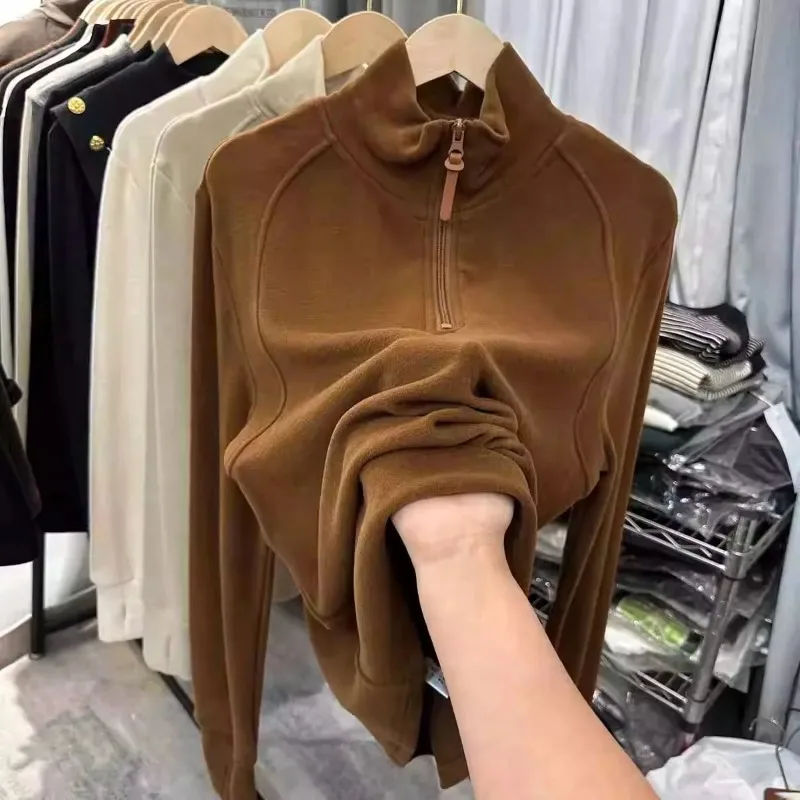 Women Half Zip Stand Collar Double Dralon Sweatshirt Autumn Winter Thick Long Sleeve Top Inner And Outer Wear S-XXL