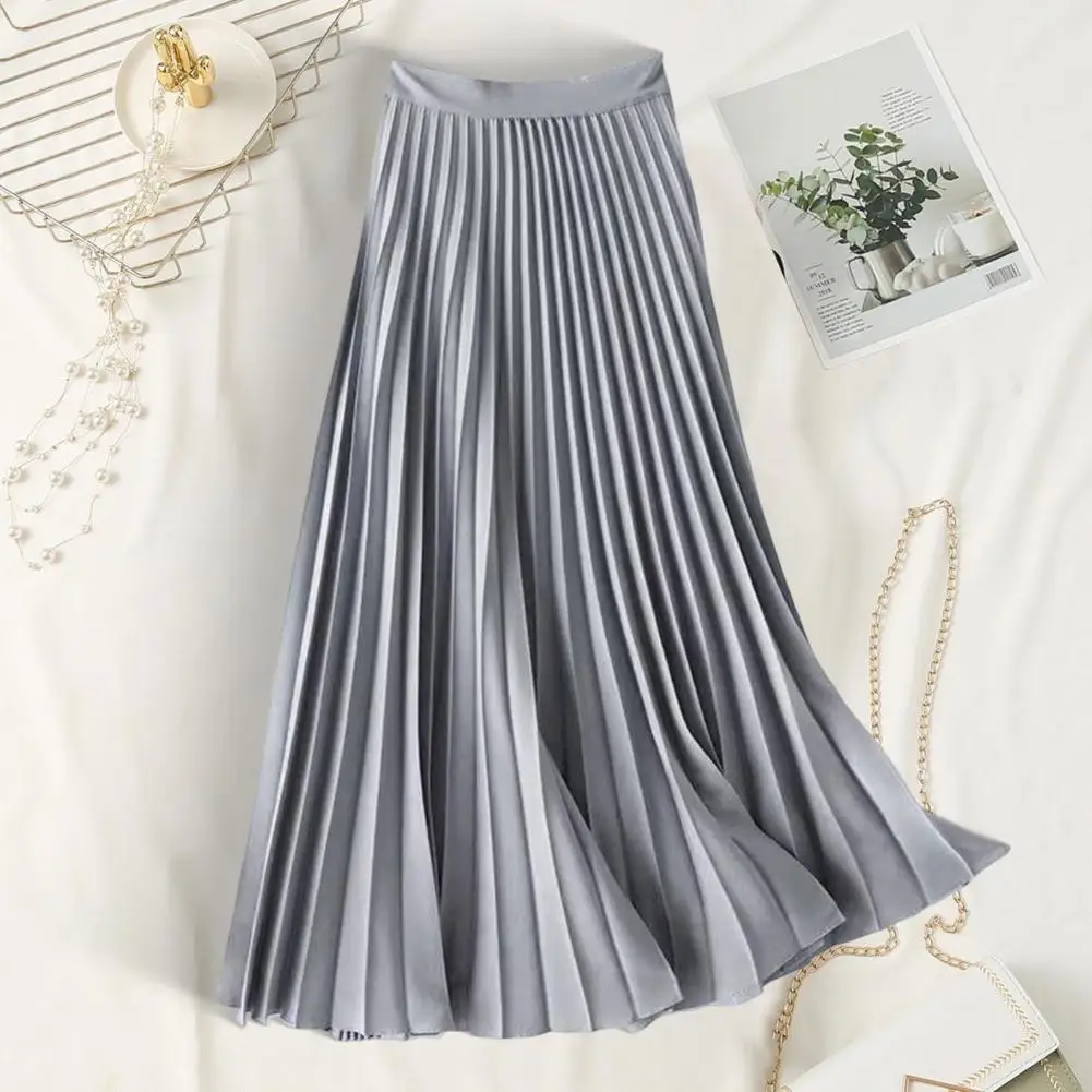 Pleated Skirt Elegant Satin Pleated Midi Skirt for Women High Waist Solid Color Long Skirt for Work Daily Wear Stylish Leisure