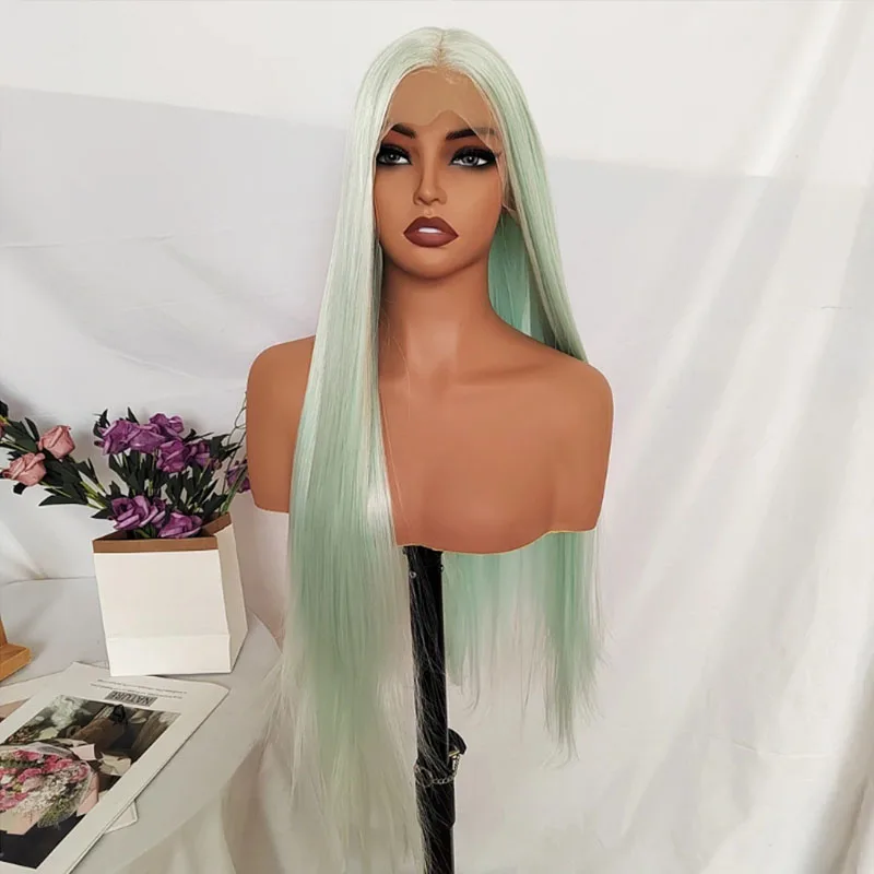 26インチ ナチュラルブラックカラー ロングルーズウェーブ 13x4 レースフロントウィッグ 合成ミントグリーン グルーレスフロントレース交換用ウィッグ
