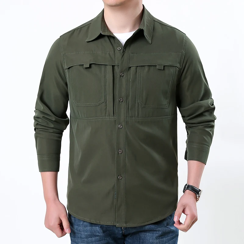 

Qui Dry Long Sve Collared Casual irt Men's Spring Summer Double Zipper Large ket Outdoor Sle Workwear irt