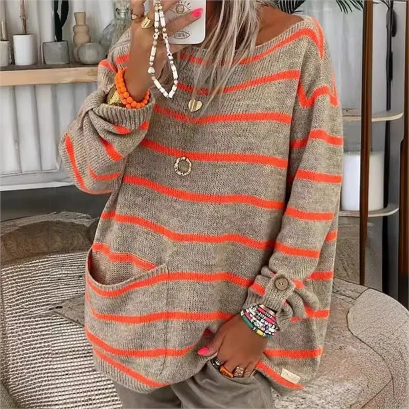 

Casual knitted round neck striped pocket Button decoration long sleeved pullover autumn winter women fashionable elegant sweater