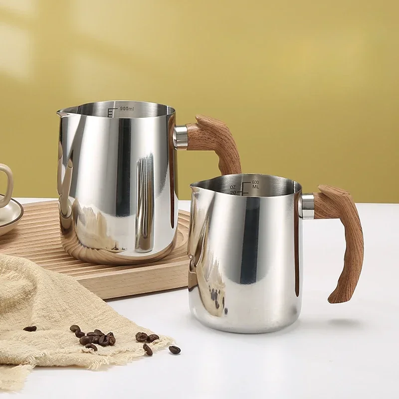 

600/1000ML Milk Frothing Pitcher with Precise Scale Wooden Handle Dripless Spout Stainless Steel Latte Coffee Cup Coffeeware