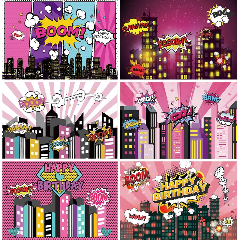 

Superhero City Picture Backdrop Super Girl Birthday Party Decorations Banner Pink Hero Building Background Photography Props