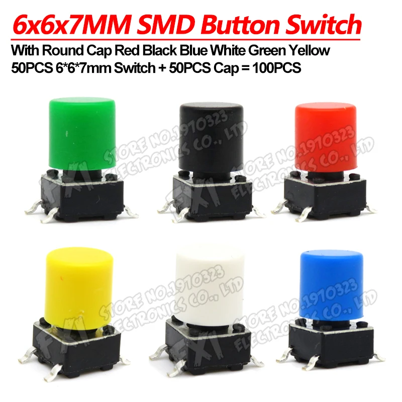 50 Pairs 100PCS 6x6x7mm PCB Momentary Tactile Tact Mini Push Button Switch Module SMD 4PIN With Round Cap fdkjgecf 6*6*7mm