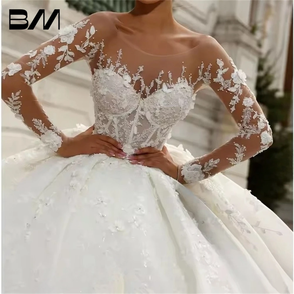 

3D Flowers Long Wedding Dress 2025 Customized Full Sleeve Sweetheart Luxury Ball Gown Princess Bride