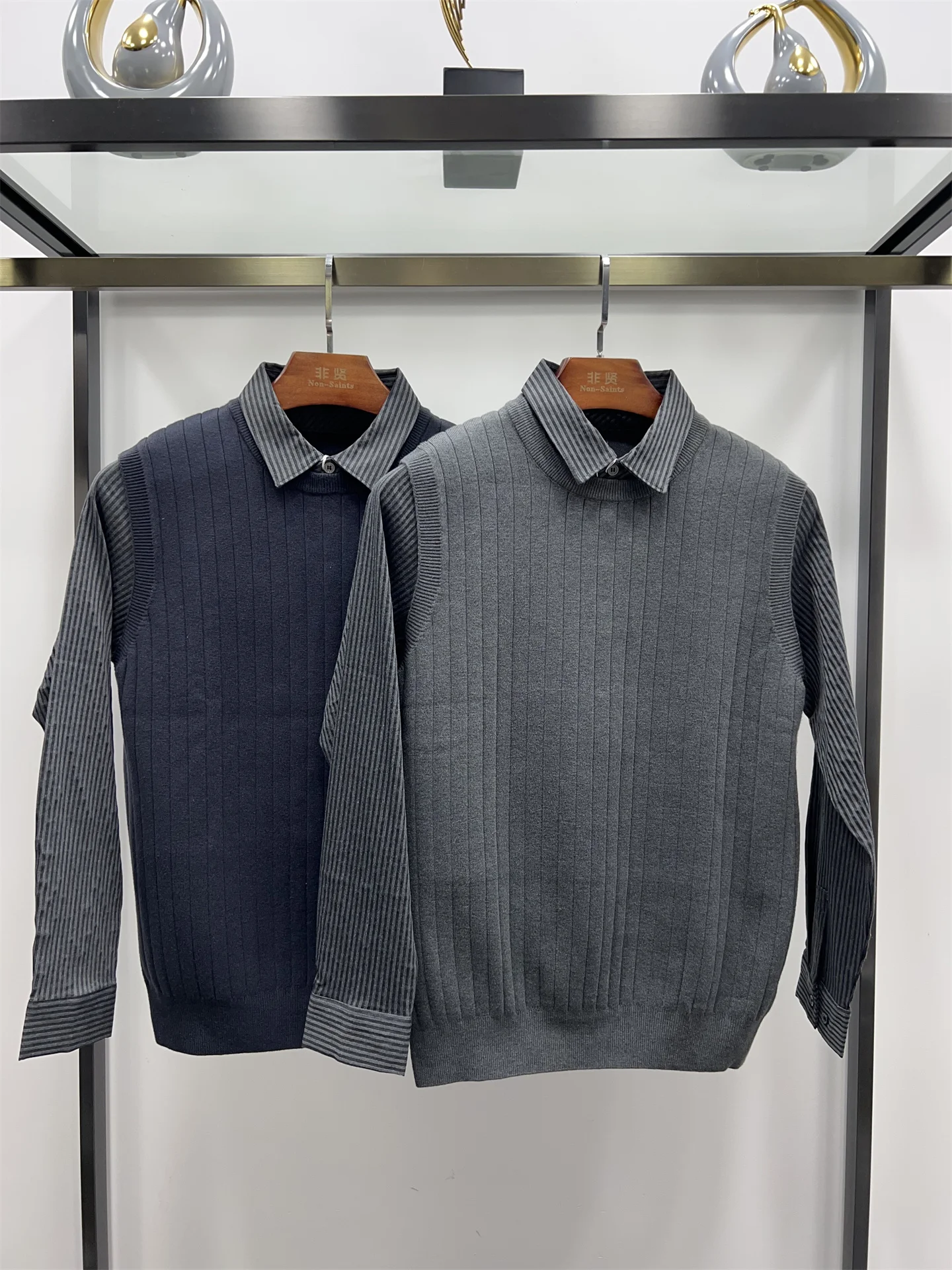 

Теплый шерстяной вязаный свитер и комплект из двух предметов с воротником-стойкой для мужчин: повседневный осенне-зимний деловой стиль с полосатым узором