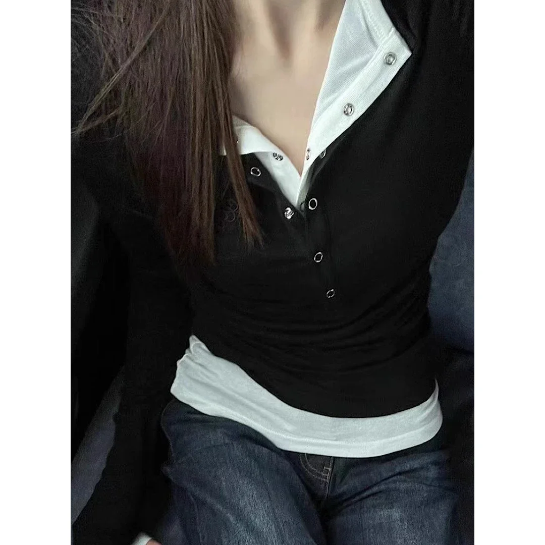 

Long Sleeve Layering T-Shirt Women 2 Piece Fake Out Slim Fit Top Poly Cotton Blend Basic Tee Y2K Unique Design Blouse