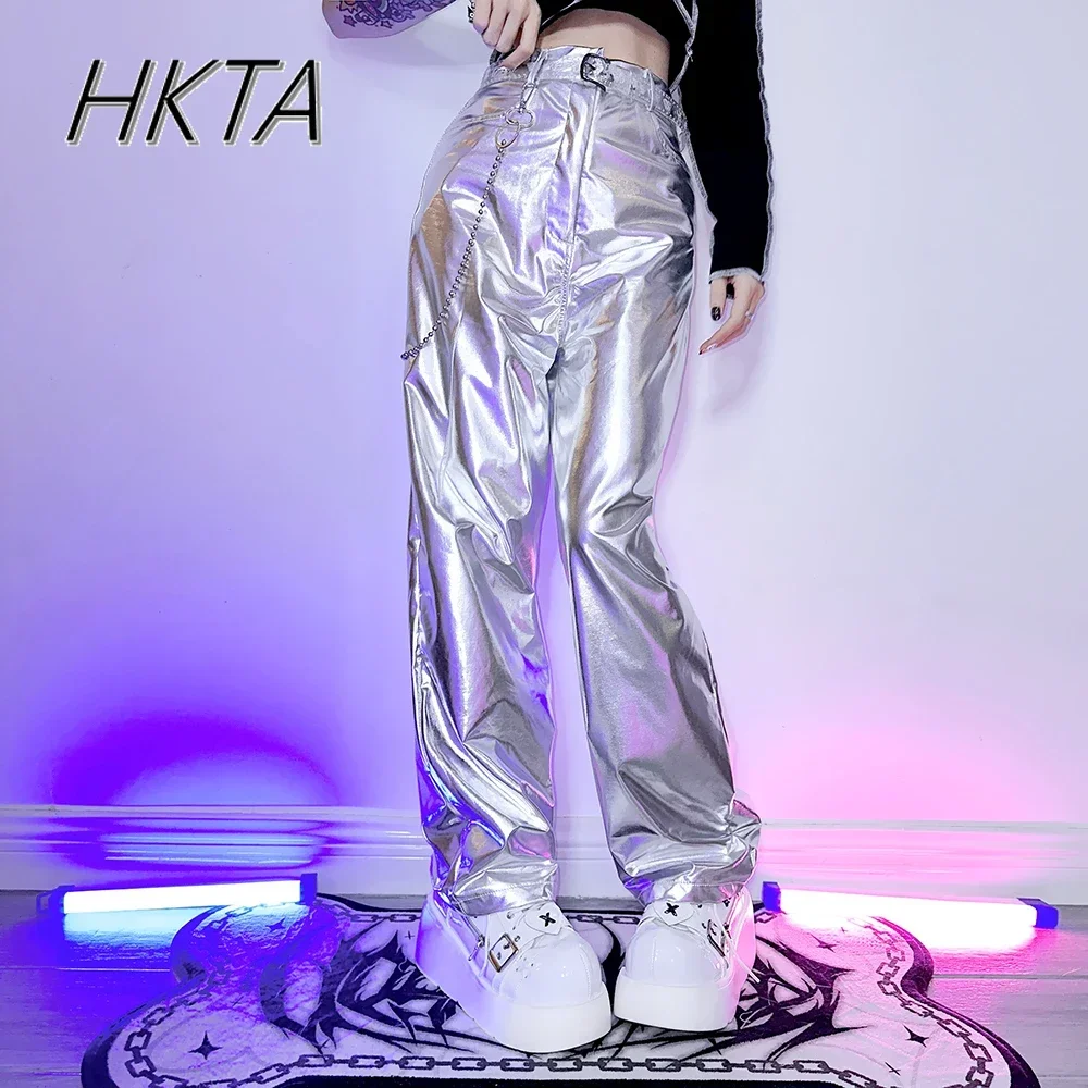 

European Fashion Nightclubs Y2K Millennial Babes Pants Silver Dancing Disco Metal Trousers Street Casual Men Women's Pantalones
