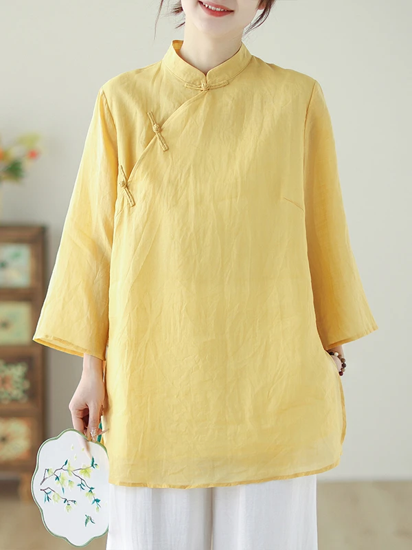 

Художественный винтажный топ средней длины из чистого льна однотонного цвета с застежкой на пуговицы и без этикетки, свободного кроя...