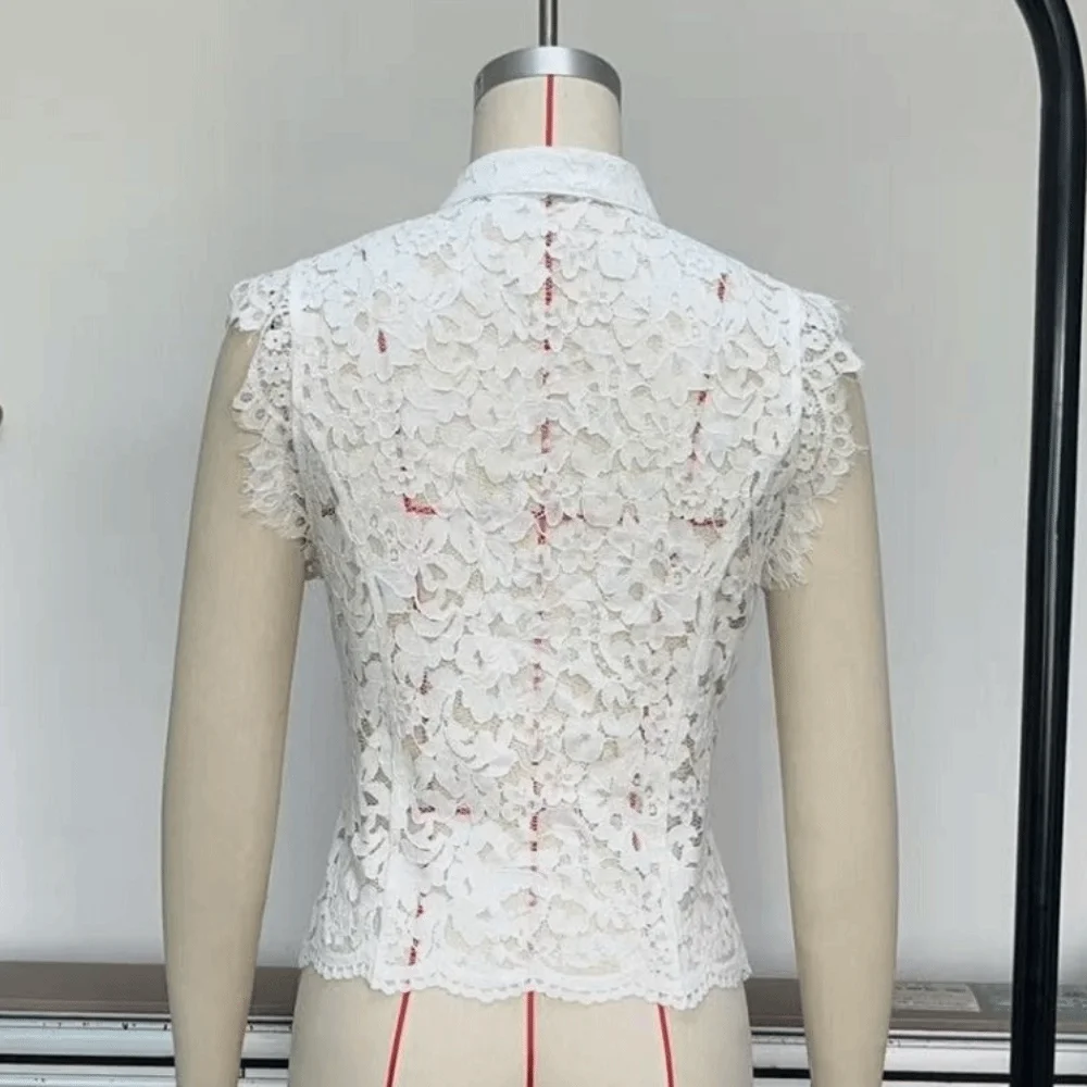 Aesthetic Slim Fit Lace Crop Top Hollow Out Frog Button Sleeveless Vest Front Split Summer Y2K Girl Tops Women