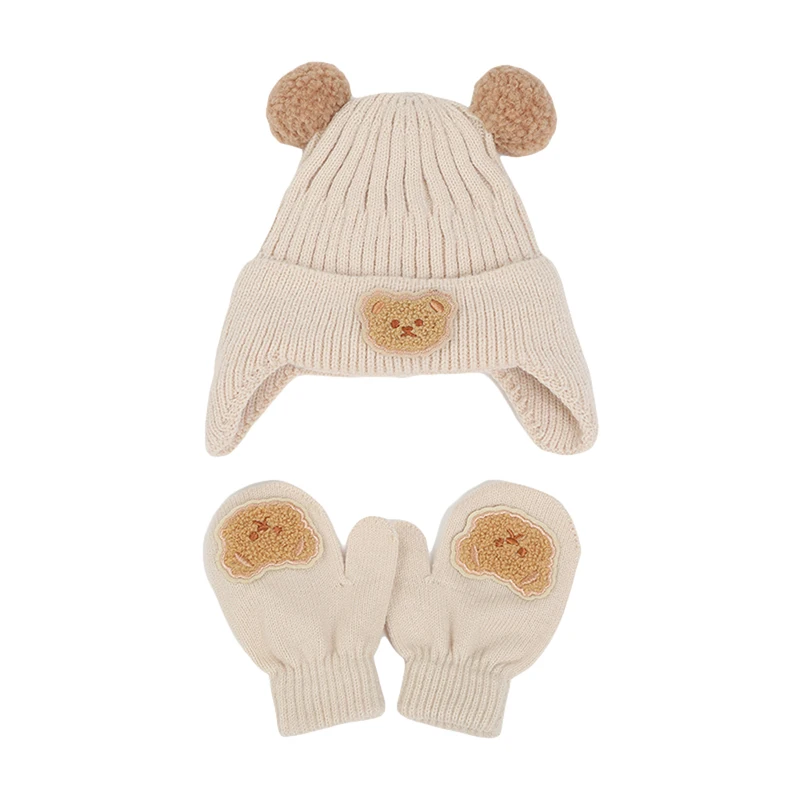 Kids Hat and Gloves Set Cartoon Bears Winter Knit Beanie and Mittens for Toddler Cold Weather Accessories