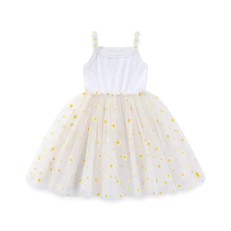 Daisy Floral Princess Dress Children Flower Embroidery Sling Mesh Cute Girls Dress Summer 2024 New Small