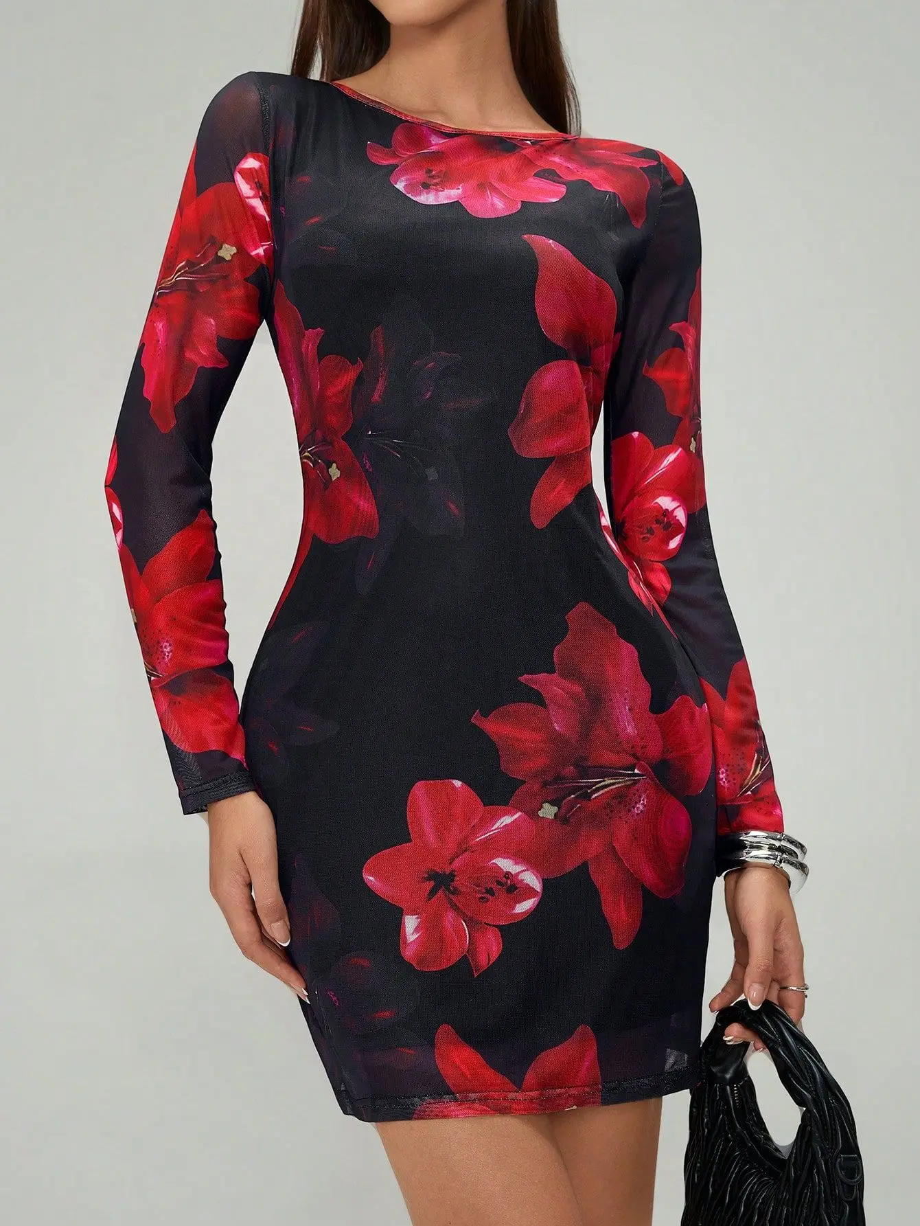 

European And American 2025 Spring And Summer New Women's Floral Print Round Neck Mesh Slim-fit Long-sleeved Dress