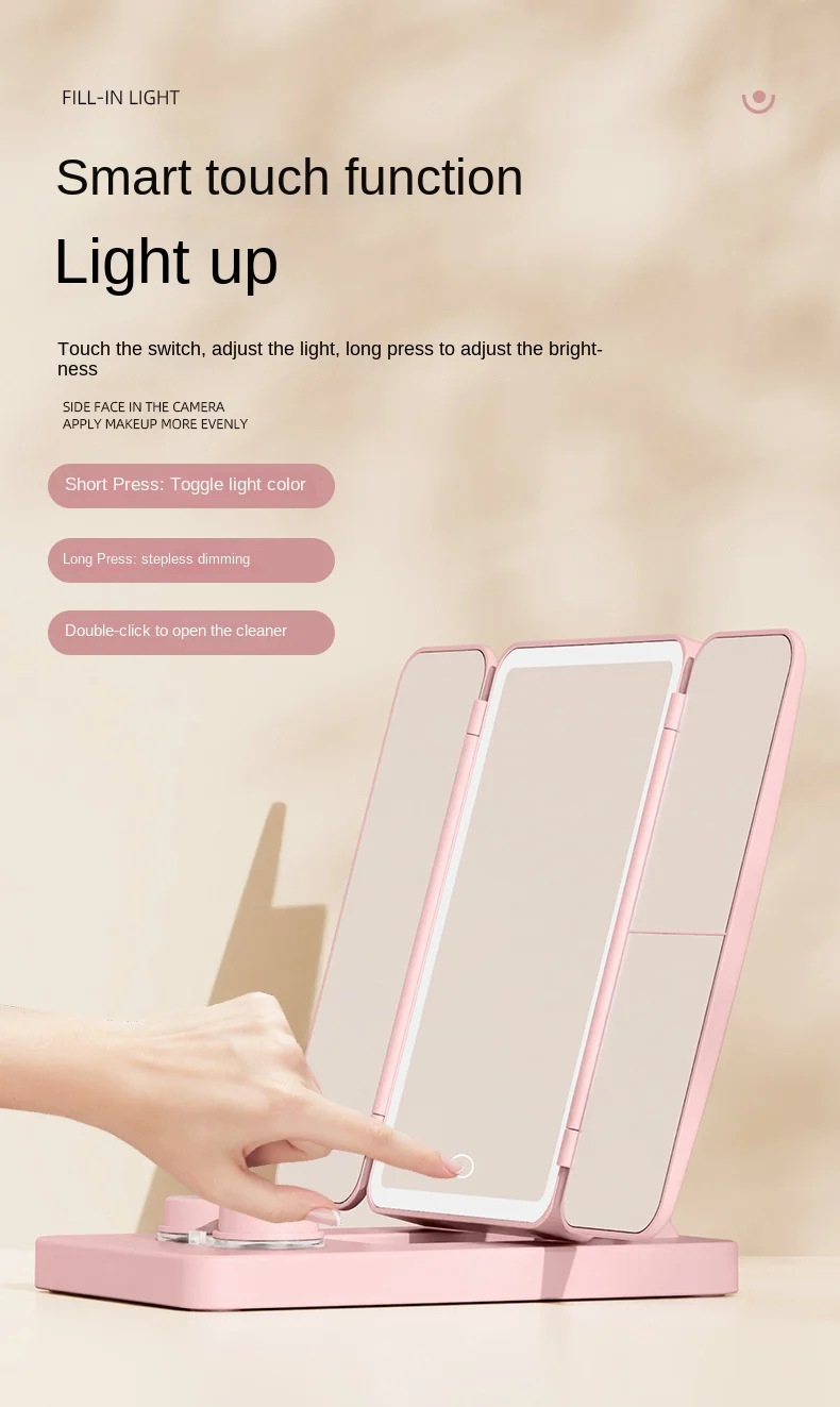 Miroir de maquillage pliant LED Rechargeable avec nettoyeur de lentilles de Contact miroir cosmétique de vanité Portable pour femmes et voyage