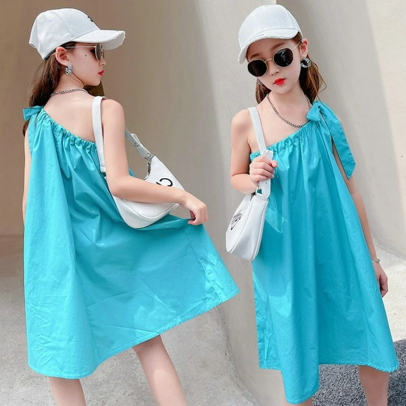 New Korean Style Girls Camisole Dress For Summer Personalized Slanted Shoulder Fashion Dress for Little Girls