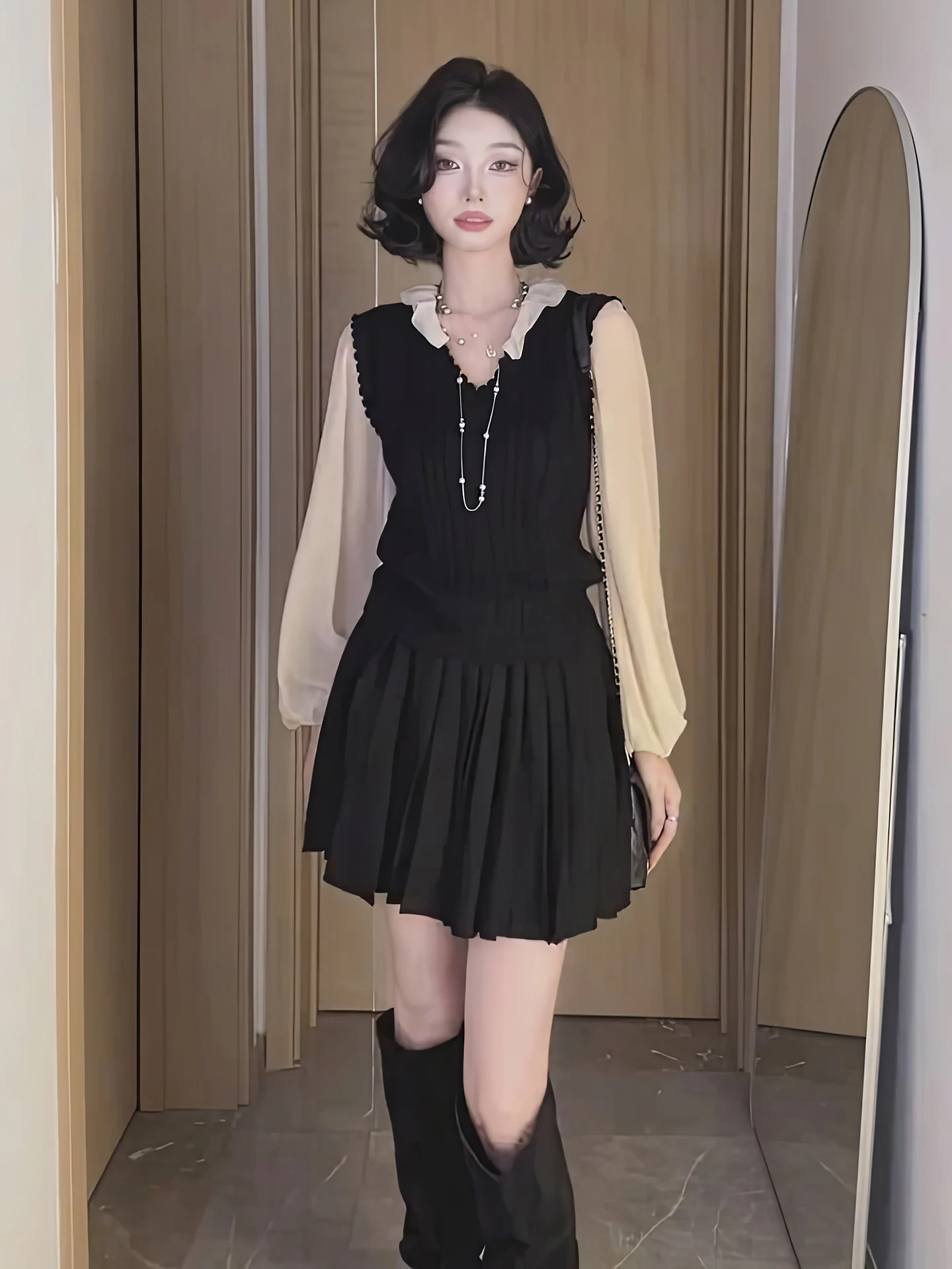 Korean Sle Faionable Two-Piece Set Women's Spring 2026 New Splicing Fake Two-Piece irt f-Skirt Anti-Aging Set