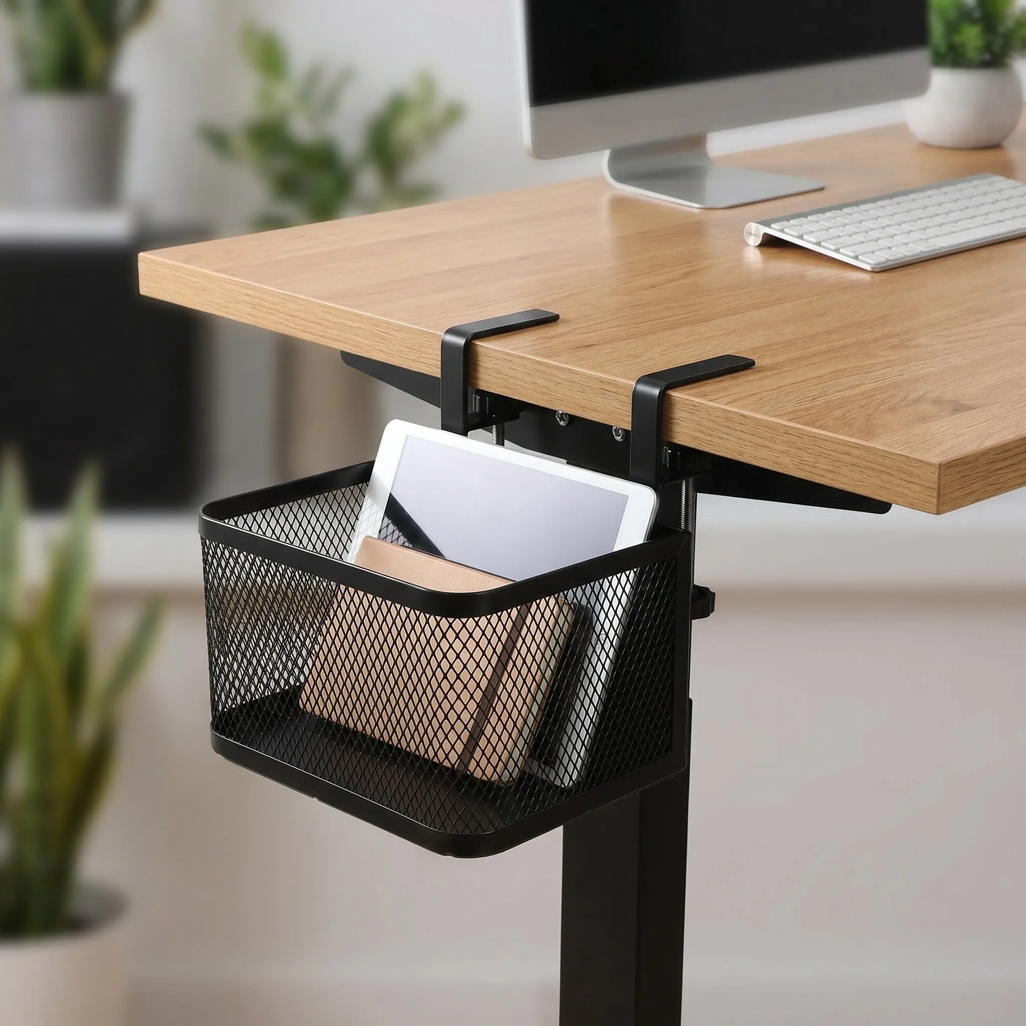 Clamp on Desk Organizer Basket Under Desk Storage Shelf for Office Home Cable Management Box Wire Cord Organizer Desktop