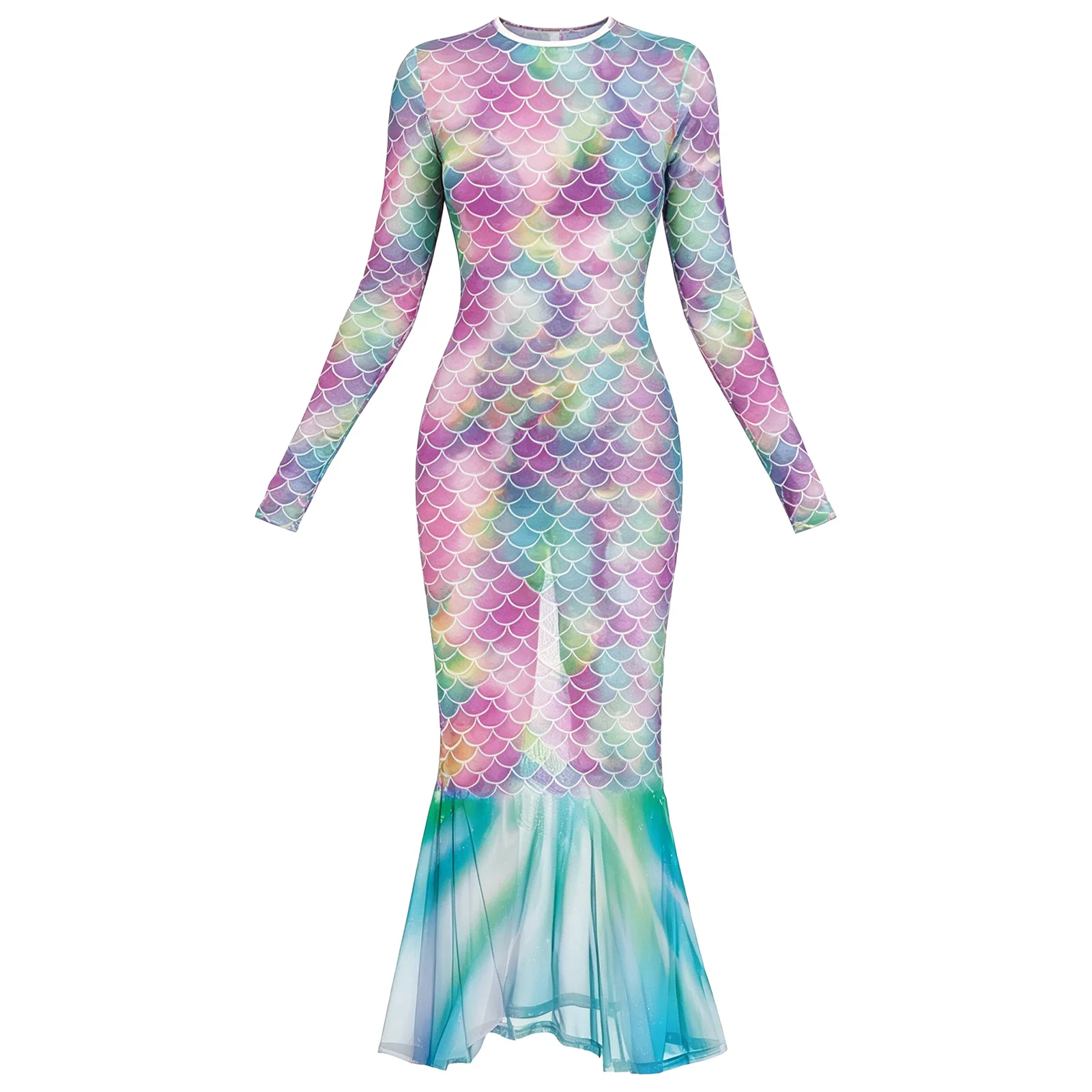 Damen Bikini Cover-up mit Farbverlauf und Fischschuppen-Print, Meerjungfrauen-Strandkleid, schmal geschnittenes Wickelkleid mit Fischschwanz und Rüschensaum, figurbetontes Kleid – Detail 9