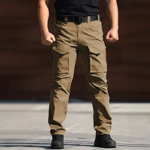 Men Cargo Pants with Multi-pockets Waterproof Slim Leg Pants Casual Outdoor Hiking Trousers
